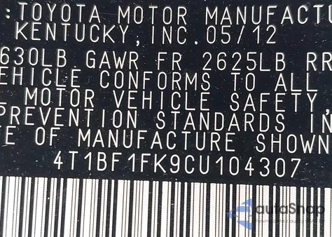 2012 Toyota Camry Se from USA, damaged, VIN 4T1BF1FK9CU104307